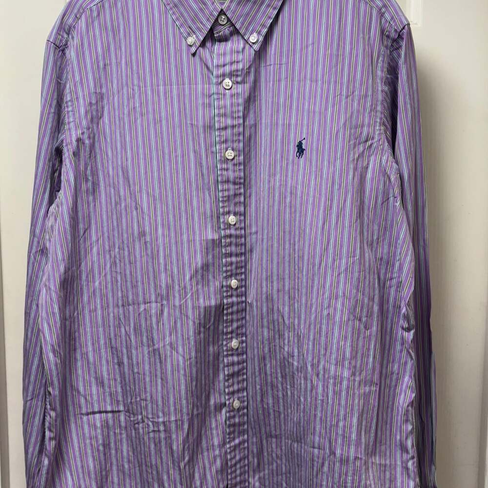 Ralph Lauren Button Down Shirt, Purple/Green Vertical Stripes, Size XL